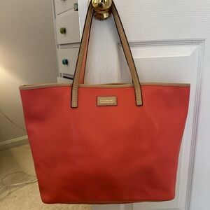 Coach Coral Tote with Tan Trim and Handles